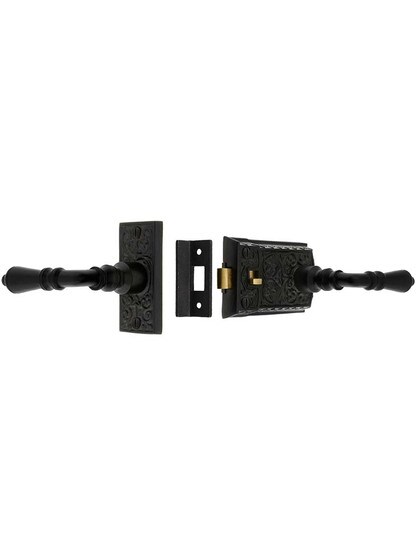 Ornate Cast Iron Screen Door Latch Set In Matte Black.